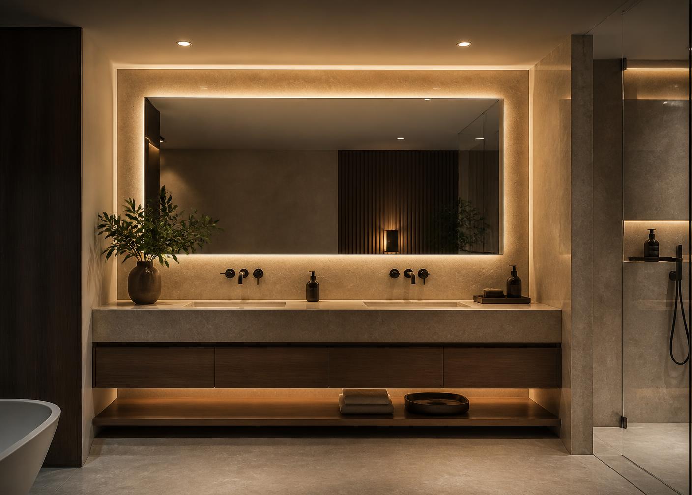 Large frameless backlit mirror above a floating bathroom vanity