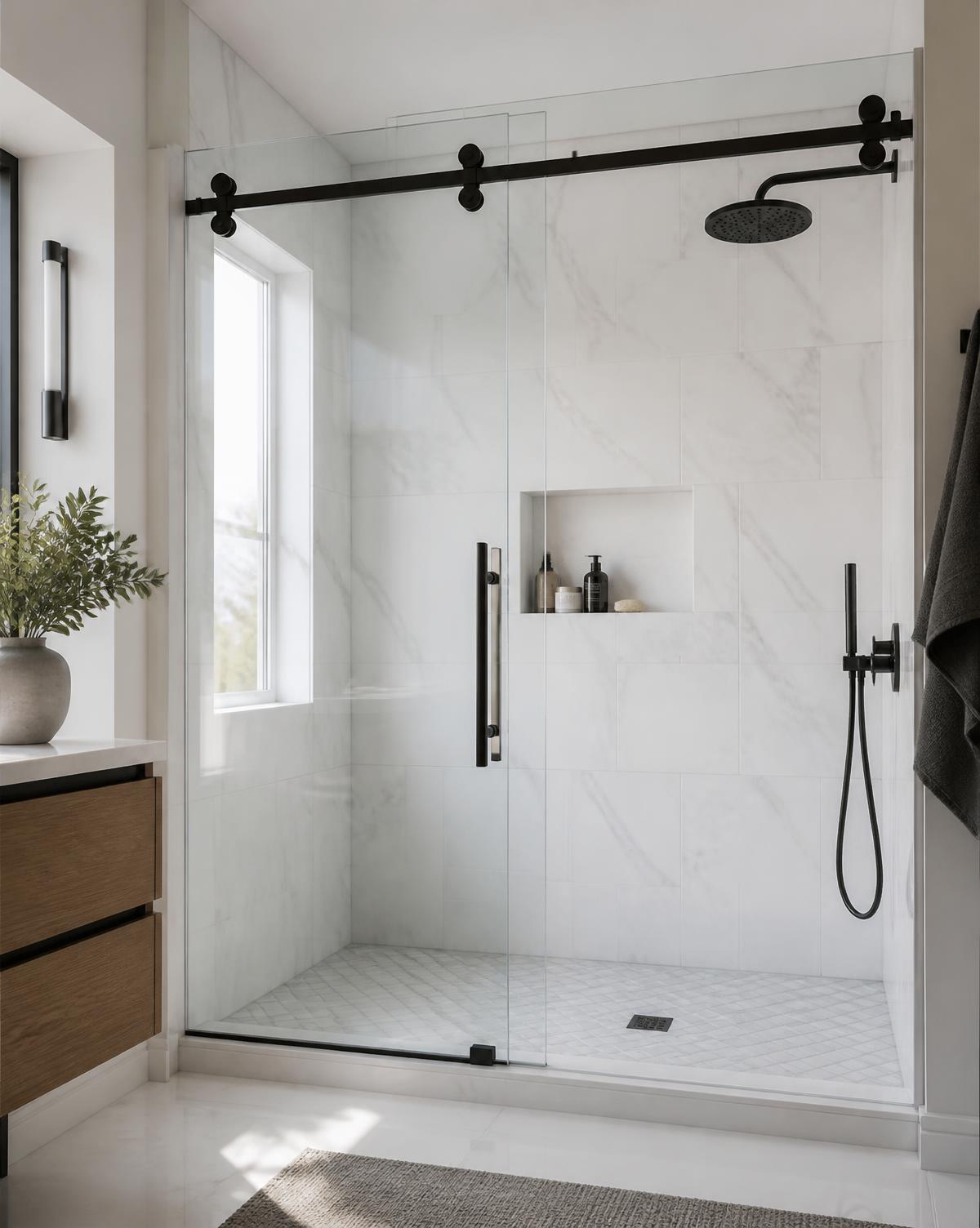 Sliding glass shower door with matte black track hardware